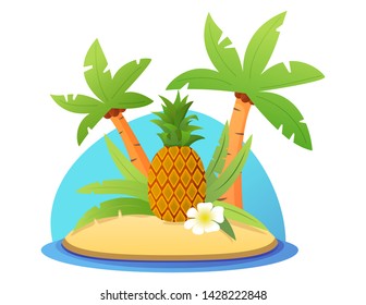 Tropical island with palm trees and a beach and pineapple. Banner concept summer rest with exotic fruits 
and flowers. Flat illustration vector.