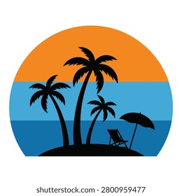 Tropical island with palm trees and beach chair at sunset icon