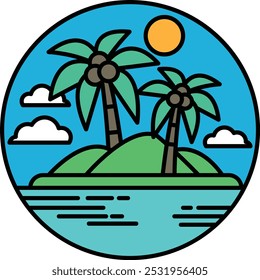 A tropical island with palm trees and a blue sky. The island is surrounded by water and has a calm, peaceful atmosphere