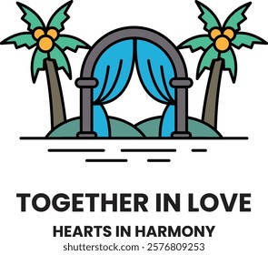 A tropical island with palm trees and a blue archway. The image is titled "Together in Love: Hearts in Harmony"