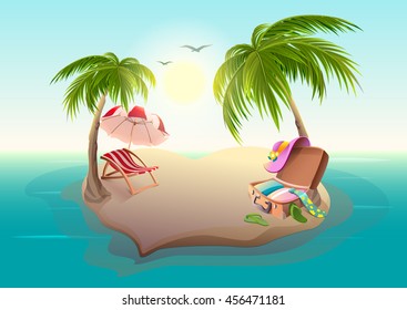 Tropical island and palm trees in blue sea. Vector cartoon illustration