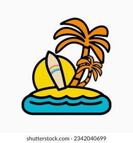 Tropical island with palm trees dotted with surfboards and beach waves. Island surrounded by water. Flat vector illustration