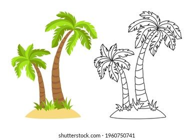 Tropical island with palm trees flat cartoon and line set. Coconut palm trees nature design element. Hand drawn tree mature and young plants forest. Isolated vector illustration