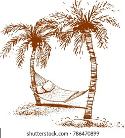 Tropical island, palm trees and hammock, vector illustration.