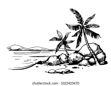 Tropical Island With Palm Trees. Hand Drawn Sketch. Vector Illustration. 