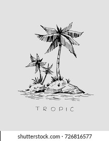 Tropical Island With Palm Trees. Hand Drawn Sketch. Vector Illustration. 