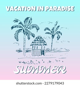 Tropical island with palm trees and a hut hand-drawn. Summer poster. Retro Postcard. Vintage design.Vector illustration