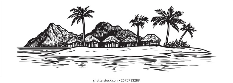 tropical island with palm trees and huts in black outline drawing