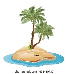 Tropical island with palm trees illustration and sea waves.