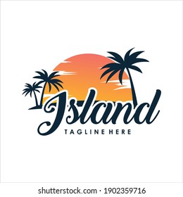 tropical island with palm trees logo template design vector