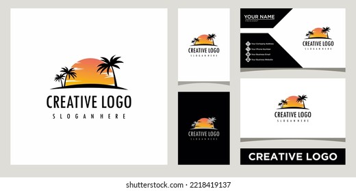 tropical island with palm trees logo design template with business card design