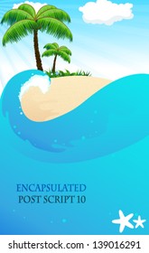 Tropical island with palm trees and lush vegetation. View from the sea