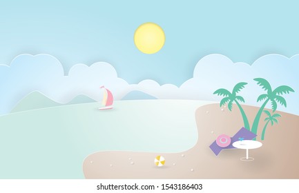 Tropical island with palm trees. mountains, blue ocean, Summer time, Paper cut, Craft vector