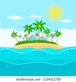 tropical island with palm trees and ocean. holiday concept and a day off. flat vector illustration