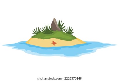 Tropical island with palm trees in ocean. Uninhabited isle with beach, rocks surrounded with sea water. Empty land and no people. Exotic natural landscape for vacation or summer weekend holiday