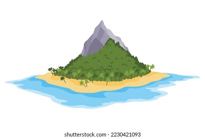 Tropical island with palm trees in ocean. Uninhabited isle with beach, rocks surrounded with sea water. Empty land and no people. Exotic natural landscape for vacation or summer weekend holiday
