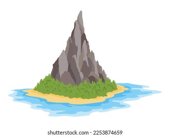 Tropical island with palm trees in ocean. Uninhabited isle with beach, rocks surrounded with sea water. Empty land and no people. Exotic natural landscape for vacation or summer weekend holiday