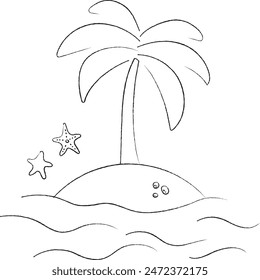 Tropical island with palm trees. Rest, travel, stones, island, sand, palm tree, starfish, sun, waves, doodle icons, vector illustration set.