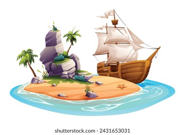 Tropical island with palm trees, rocks and wooden sailing ship. Vector cartoon illustration isolated on white background