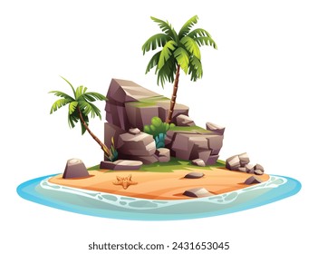 Tropical island with palm trees and rocks cartoon vector illustration isolated on white background