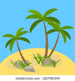 Tropical island with palm trees, sand and water. Flat design, vector.