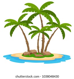 Tropical island with palm trees, sand and water. Flat design, vector.