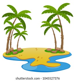 Tropical island with palm trees, sand and water. Flat design, vector.