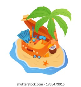 Tropical island with palm trees. Sandy beach and sea. Open suitcase with sunglasses, tube sunscreen, diving mask, snorkel. Alcoholic cocktail in coconut with umbrella and straw.