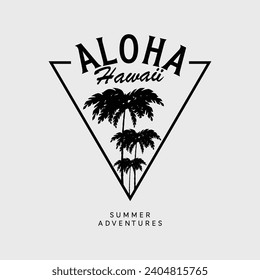 Tropical island with palm trees and seagull. Vector illustration style surfing theme badge design. For t-shirt prints posters stickers and other uses.