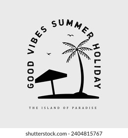 Tropical island with palm trees and seagull. Vector illustration style surfing theme badge design. For t-shirt prints posters stickers and other uses.