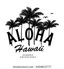 Tropical island with palm trees and seagull. Vector illustration style surfing theme badge design. For t-shirt prints posters stickers and other uses.