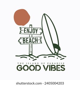 Tropical island with palm trees and seagull. Vector illustration style vintage surfing theme badge design. For t-shirt prints posters stickers and oth