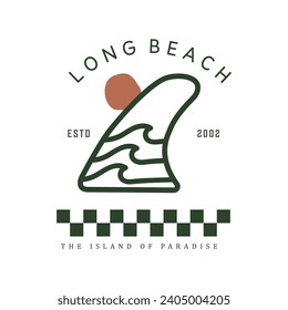 Tropical island with palm trees and seagull. Vector illustration style vintage surfing theme badge design. For t-shirt prints posters stickers and oth