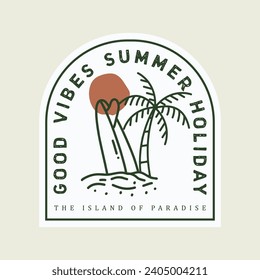 Tropical island with palm trees and seagull. Vector illustration style vintage surfing theme badge design. For t-shirt prints posters stickers and oth