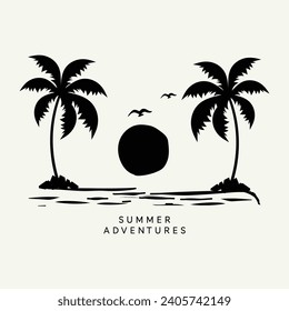 Isla tropical con palmeras y gaviota. Diseño de insignias para el surf vintage con ilustraciones vectoriales. Para las etiquetas adhesivas de las estampas de las camisetas