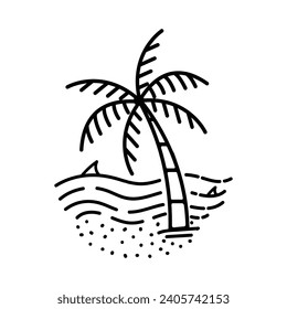 Tropical island with palm trees and seagull. Vector illustration style vintage surfing theme badge design. For t-shirt prints posters stickers