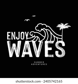 Tropical island with palm trees and seagull. Vector illustration style vintage surfing theme badge design. For t-shirt prints posters stickers