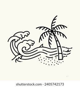 Tropical island with palm trees and seagull. Vector illustration style vintage surfing theme badge design. For t-shirt prints posters stickers