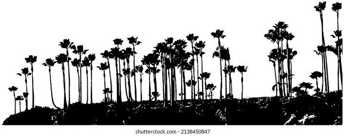 Tropical island with palm trees silhouette in black on white background 