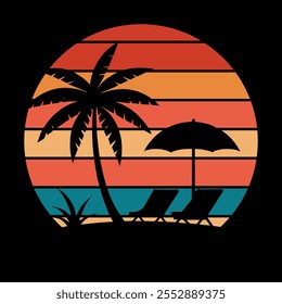 tropical island with palm trees, silhouette of sunset with trees in island vector illustration