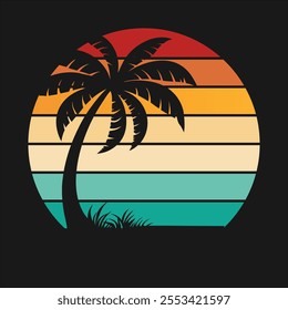 Tropical island with palm trees, silhouette of sunset with trees in island vector illustration