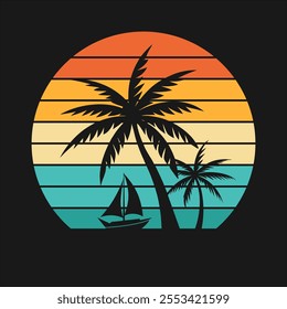 Tropical island with palm trees, silhouette of sunset with trees in island vector illustration