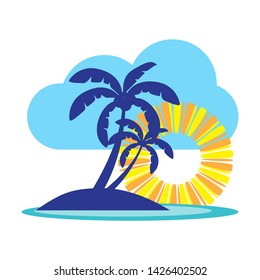 Tropical island with palm trees and sunset vector illustration