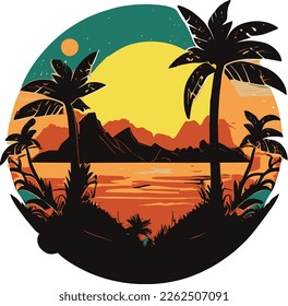 Tropical island with palm trees at sunset. Vector image..