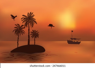 Tropical island with palm trees at sunset. The fishermen's boat swims to the island.