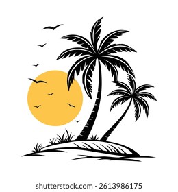 Tropical island with palm trees at sunset by the ocean vector illustration on white background