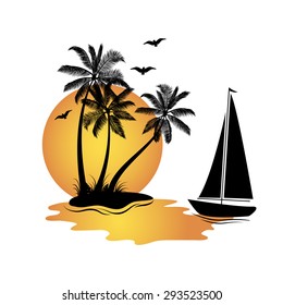 Tropical  island with palm trees at sunset 