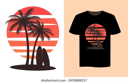 Tropical island with palm trees and surfboards, vector illustration, t shirt design, textile print, emblem, badge, logo template.