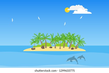Tropical island with palm trees. Tropical island, vector background. Vector illustration.