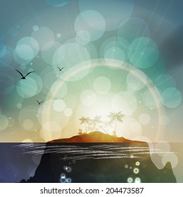 Tropical Island and Palm Trees - Vector Illustration